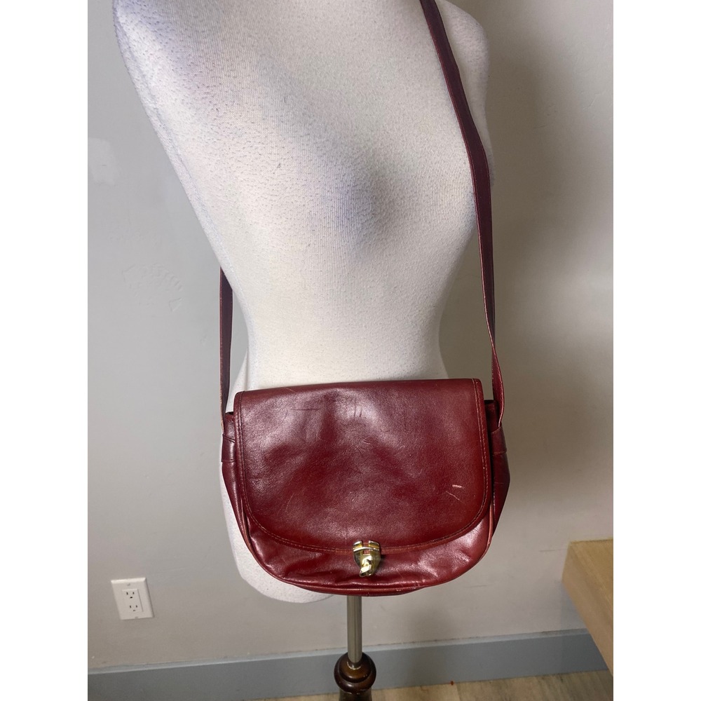 Vintage 70s Burgundy Leather Crossbody Bag Made in Italy Turn Lock Saddle Bag